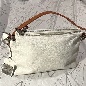 Valentina Italia white Leather Shoulder Bag with Tan Handle